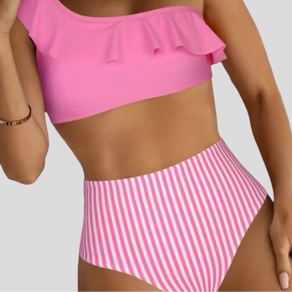 Ruffled One Shoulder Strap, High Waisted, Bikini Set. NWT